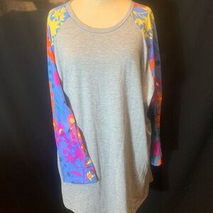 LuLaRoe Gray Top with Vibrant Multicolor Sleeves